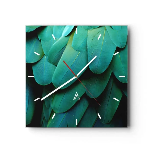 Horloge murale - Pendule murale - Détail de plumes dans des tons de vert - 30x30cm - Perfection de la nature du perroquet - Décoration murale moderne pour le salon et la chambre ARTTOR