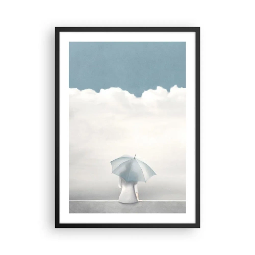 Affiche dans un cadre noir - Poster - Une silhouette avec un parapluie assise sur un rebord parmi les nuages - 50x70cm - Aux confins de la réalité et des rêves - Décoration murale moderne pour le salon et la chambre ARTTOR