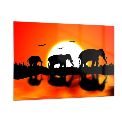 Impression sur verre - Image sur verre - Silhouettes d'éléphants contre le soleil couchant - 120x80cm - Et le soir pour un petit verre - Décoration murale moderne pour le salon et la chambre ARTTOR