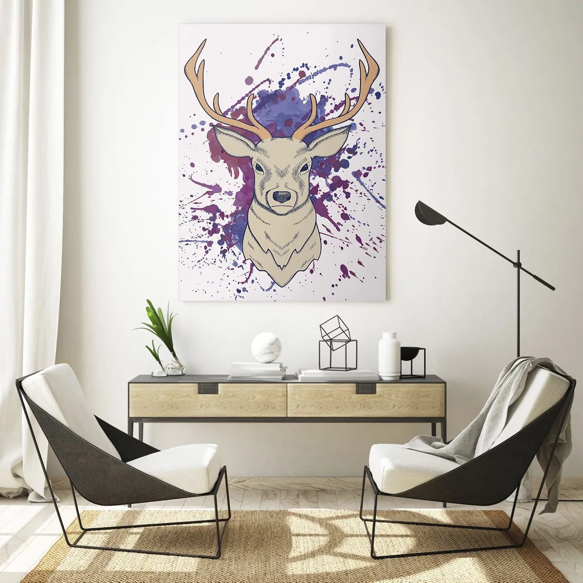 Impression sur verre - Image sur verre - Portrait d'un cerf avec des taches abstraites en arrière-plan - 80x120cm - Courage et équilibre - Décoration murale moderne pour le salon et la chambre ARTTOR