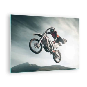 Impression sur verre - Image sur verre - Un motocycliste effectue des acrobaties dans les airs avec des montagnes en arrière-plan. - 70x50cm - Il n'y a pas de plaisir sans risque - Décoration murale moderne pour le salon et la chambre ARTTOR