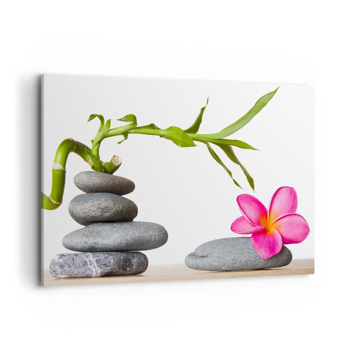 Impression sur toile - Image sur toile - Bambou et fleur rose sur pierres de style zen - 120x80cm - Couleurs de la vie et de la durée - Décoration murale moderne pour le salon et la chambre ARTTOR