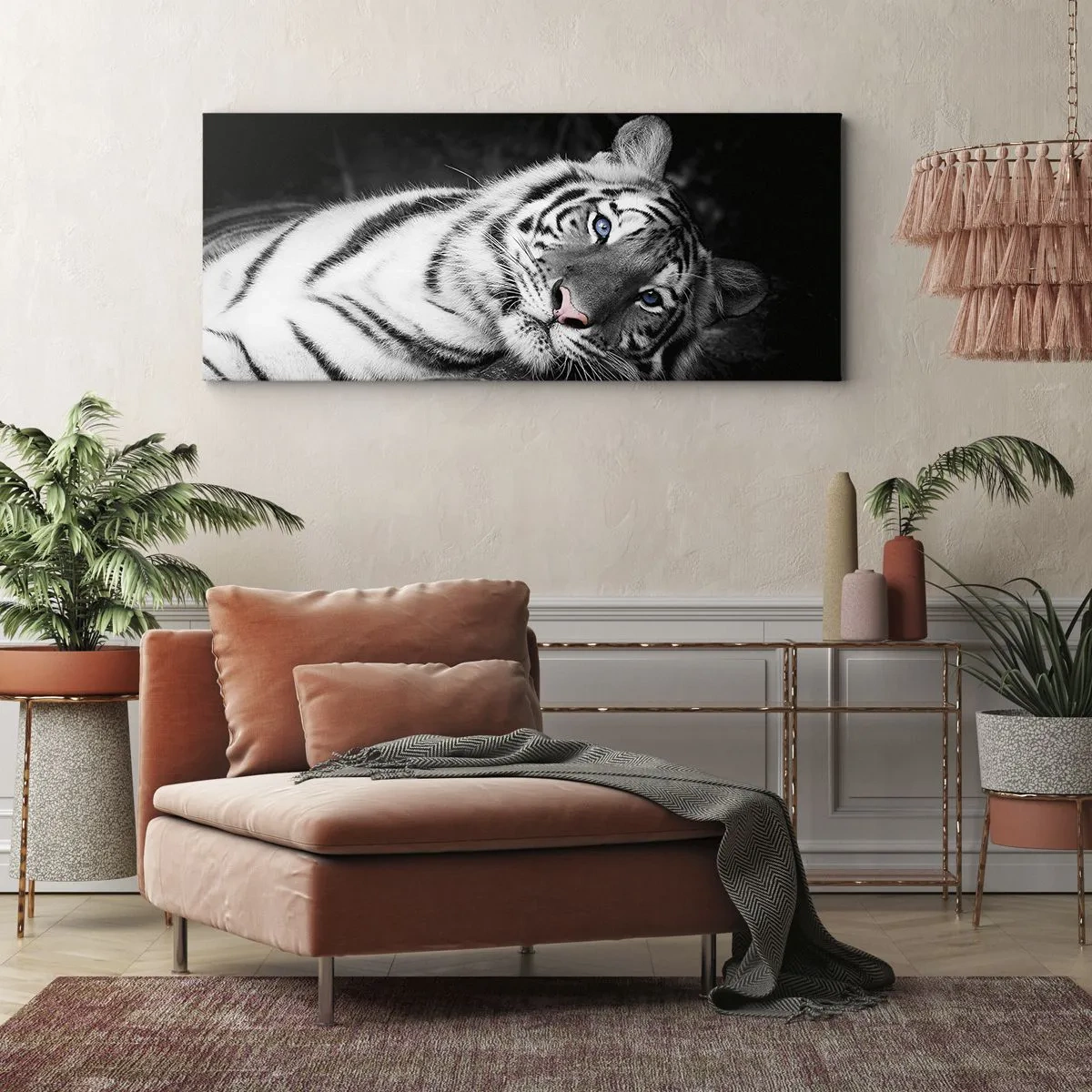 Impression sur toile - Image sur toile - Un tigre blanc rendu artistiquement sur un fond noir - 140x50cm - Sauvagerie et paix - Décoration murale moderne pour le salon et la chambre ARTTOR