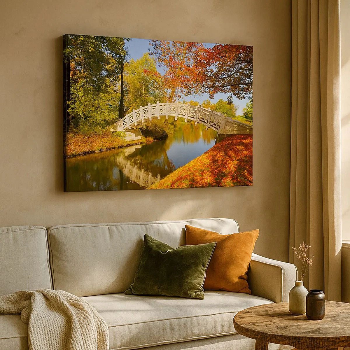 Impression sur toile - Image sur toile - Un pont dans un parc entouré de feuilles d'automne sur une eau calme - 70x50cm - Sur le pont blanc des soupirs - Décoration murale moderne pour le salon et la chambre ARTTOR