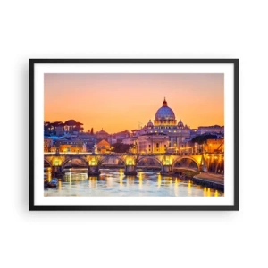 Affiche dans un cadre noir - Poster - Panorama du Vatican au coucher du soleil avec un pont sur la rivière - 70x50cm - Coucher de soleil sur la ville éternelle - Décoration murale moderne pour le salon et la chambre ARTTOR