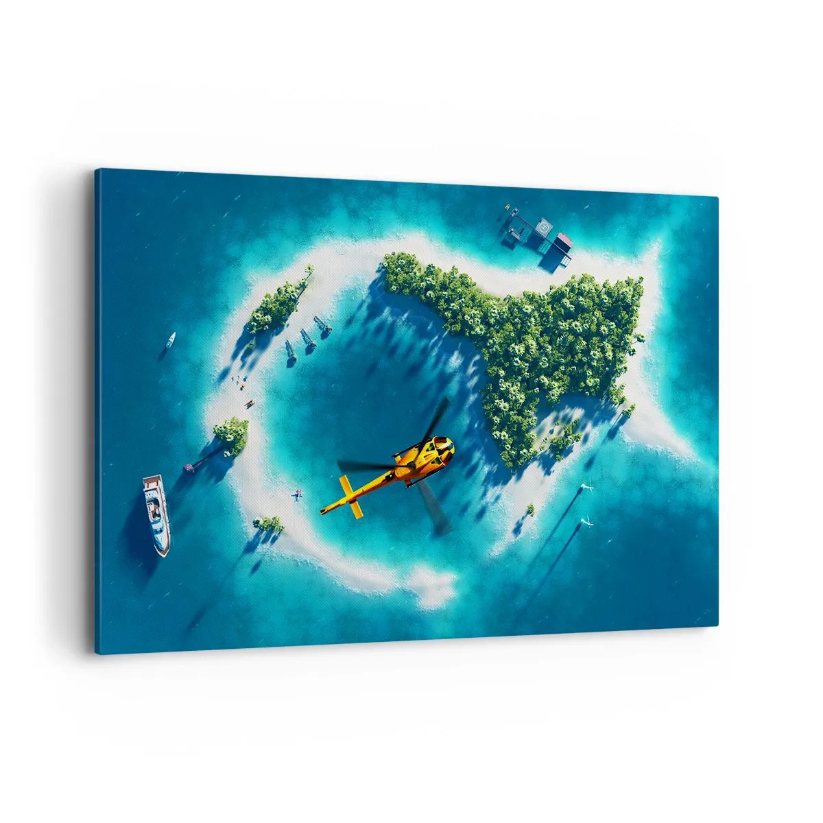 Impression sur toile - Image sur toile - Une île tropicale entourée d'eau turquoise avec un hélicoptère en vue - 100x70cm - Achetez-vous une île - Décoration murale moderne pour le salon et la chambre ARTTOR