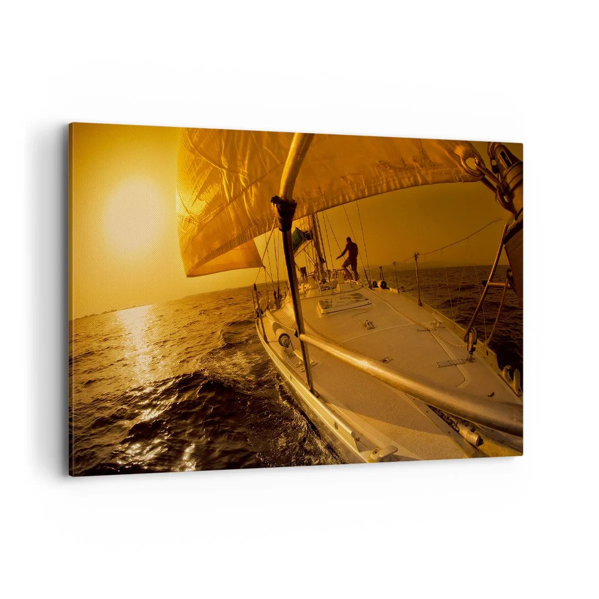 Impression sur toile - Image sur toile - Voilier en mer au coucher du soleil, lueur dorée. - 120x80cm - Une soirée en por après une journée haute en couleurs - Décoration murale moderne pour le salon et la chambre ARTTOR