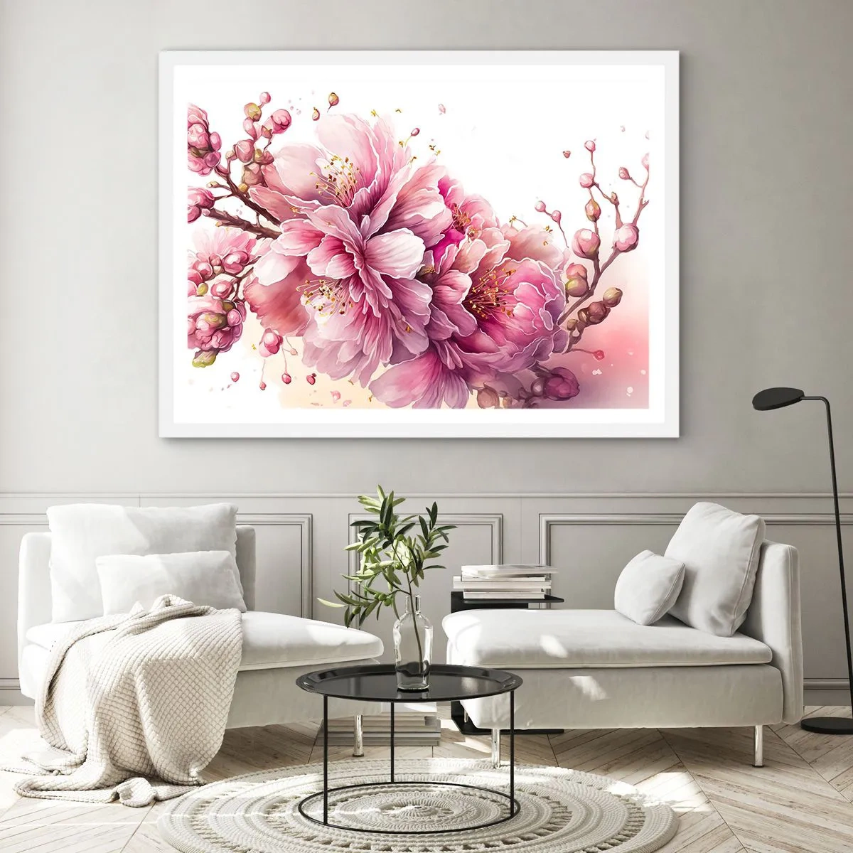 Affiche dans un cadre blanc - Poster - Fleur florissante de cerisier - 100x70 cm