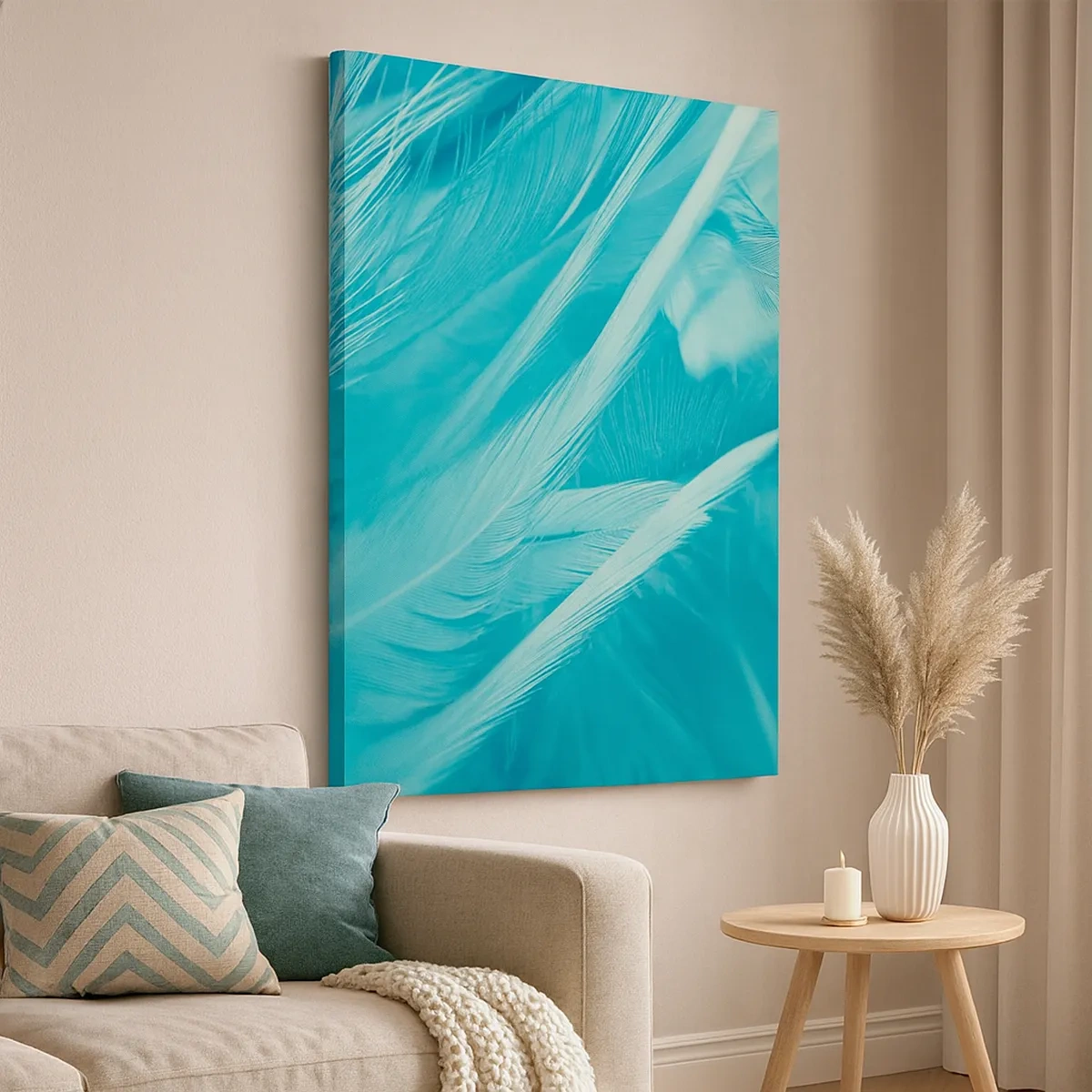 Impression sur toile - Image sur toile - Gros plan de délicates plumes turquoises - 50x70cm - Se noyer dans les plumes - Décoration murale moderne pour le salon et la chambre ARTTOR