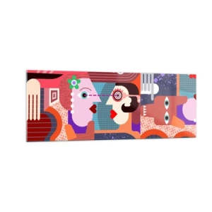 Impression sur verre - Image sur verre - Figures abstraites aux couleurs vives - 140x50cm - Les yeux dans les yeux - Décoration murale moderne pour le salon et la chambre ARTTOR