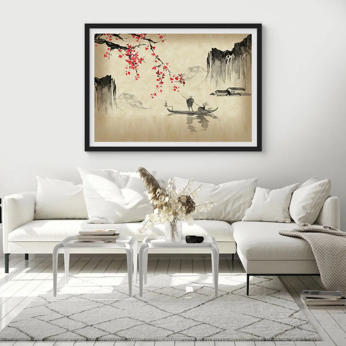 Affiche dans un cadre noir - Poster - Illustration orientale avec un bateau et une branche fleurie - 70x50cm - Au pays des cerisiers en fleurs - Décoration murale moderne pour le salon et la chambre ARTTOR