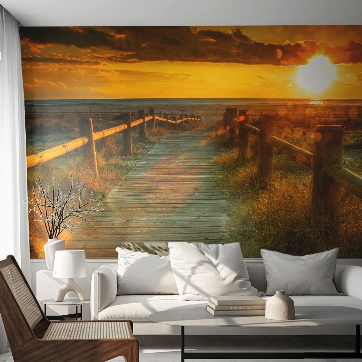 Papier Peint Photo Premium Canvas - Baigné dans le vieil or - Paysage, Mer, Descente à la plage - 250x175 cm