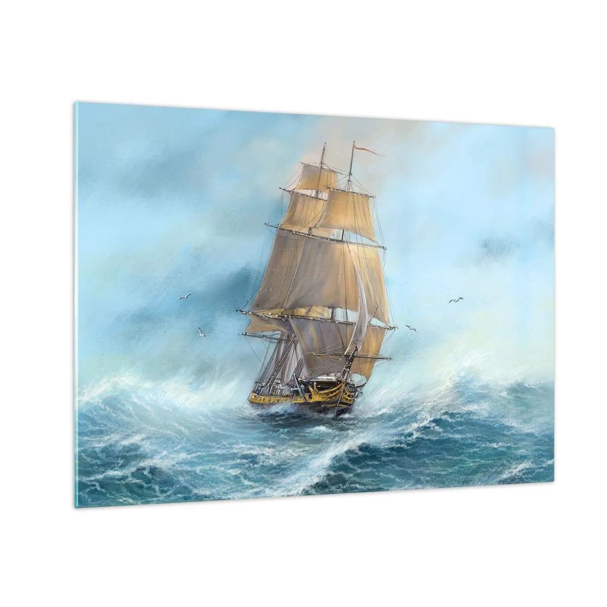 Impression sur verre - Image sur verre - Un voilier sur une mer agitée dans un style pictural - 70x50cm - Se précipitant sur les vagues - Décoration murale moderne pour le salon et la chambre ARTTOR
