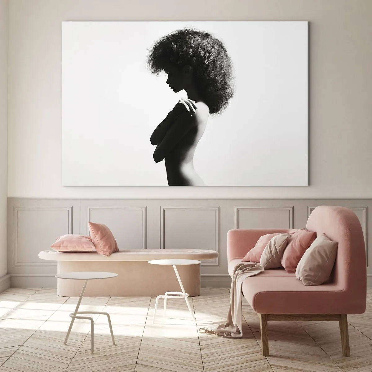 Impression sur verre - Image sur verre - Nu féminin dans une lumière contrastée en noir et blanc - 70x50cm - Comme une fleur au bout d'une fine tige - Décoration murale moderne pour le salon et la chambre ARTTOR