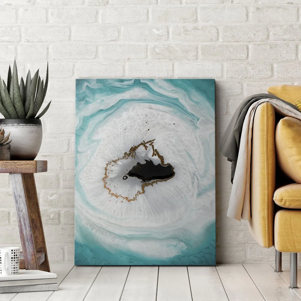 Impression sur toile - Image sur toile - Motif de géode abstrait dans des tons de turquoise, blanc et or - 70x100cm - Pénétrer à l'intérieur - Décoration murale moderne pour le salon et la chambre ARTTOR