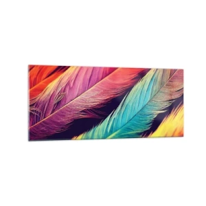 Impression sur verre - Image sur verre - Plumes colorées aux couleurs intenses - 120x50cm - Arc-en-ciel de plumes - Décoration murale moderne pour le salon et la chambre ARTTOR
