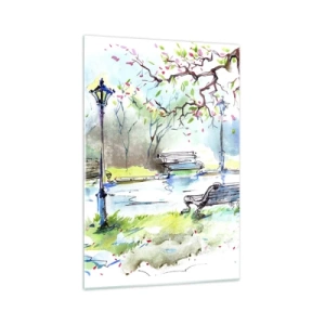 Impression sur verre - Image sur verre - Scène de parc à l'aquarelle avec bancs et lampes - 70x100cm - Le charme du silence d'un parc - Décoration murale moderne pour le salon et la chambre ARTTOR