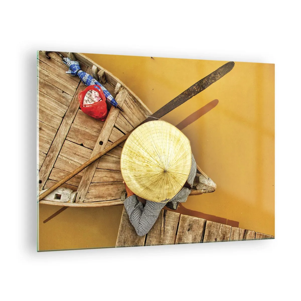 Impression sur verre - Image sur verre - Vue de dessus d'un bateau et d'une personne portant un chapeau conique - 70x50cm - La vie sur le fleuve Jaune - Décoration murale moderne pour le salon et la chambre ARTTOR