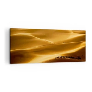 Impression sur toile - Image sur toile - Une caravane de chameaux errant à travers les dunes dorées du désert. - 120x50cm - Caravane sur les vagues du désert - Décoration murale moderne pour le salon et la chambre ARTTOR