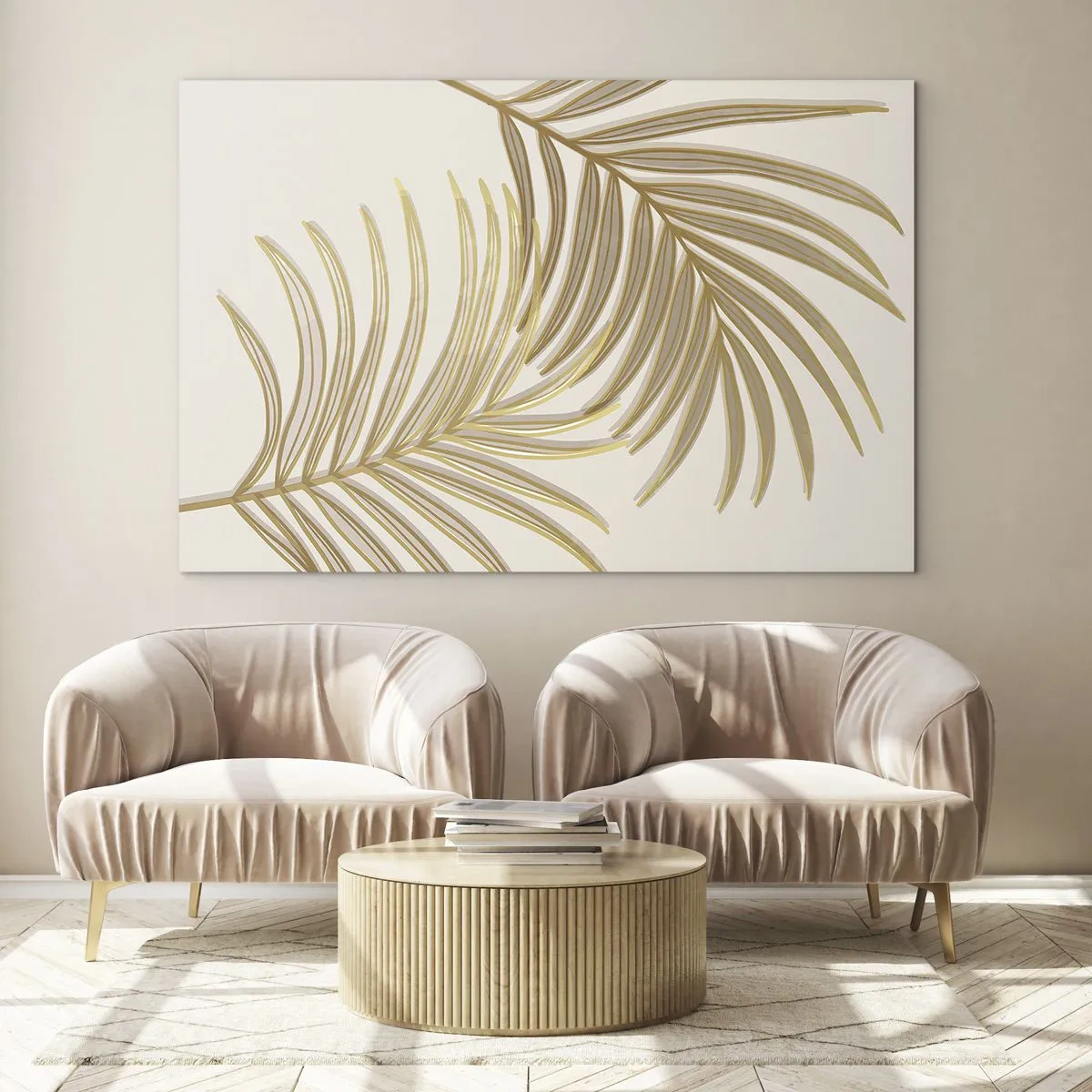 Impression sur verre - Image sur verre - Feuilles de palmier dorées sur fond clair - 70x50cm - Palme d'or! - Décoration murale moderne pour le salon et la chambre ARTTOR