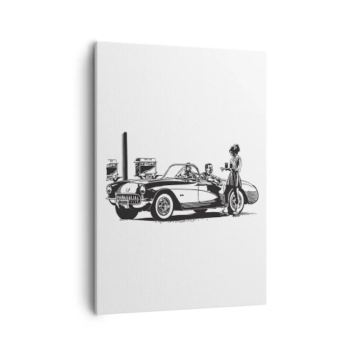 Impression sur toile - Image sur toile - Une scène rétro en noir et blanc avec une voiture et une serveuse en patins à roulettes. - 50x70cm - 60's - Amérique insouciante - Décoration murale moderne pour le salon et la chambre ARTTOR