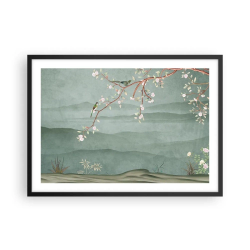 Affiche dans un cadre noir - Poster - Une image pittoresque d'une branche d'arbre en fleurs avec des oiseaux sur fond de collines verdoyantes. - 70x50cm - Printemps oh c'est toi - Décoration murale moderne pour le salon et la chambre ARTTOR