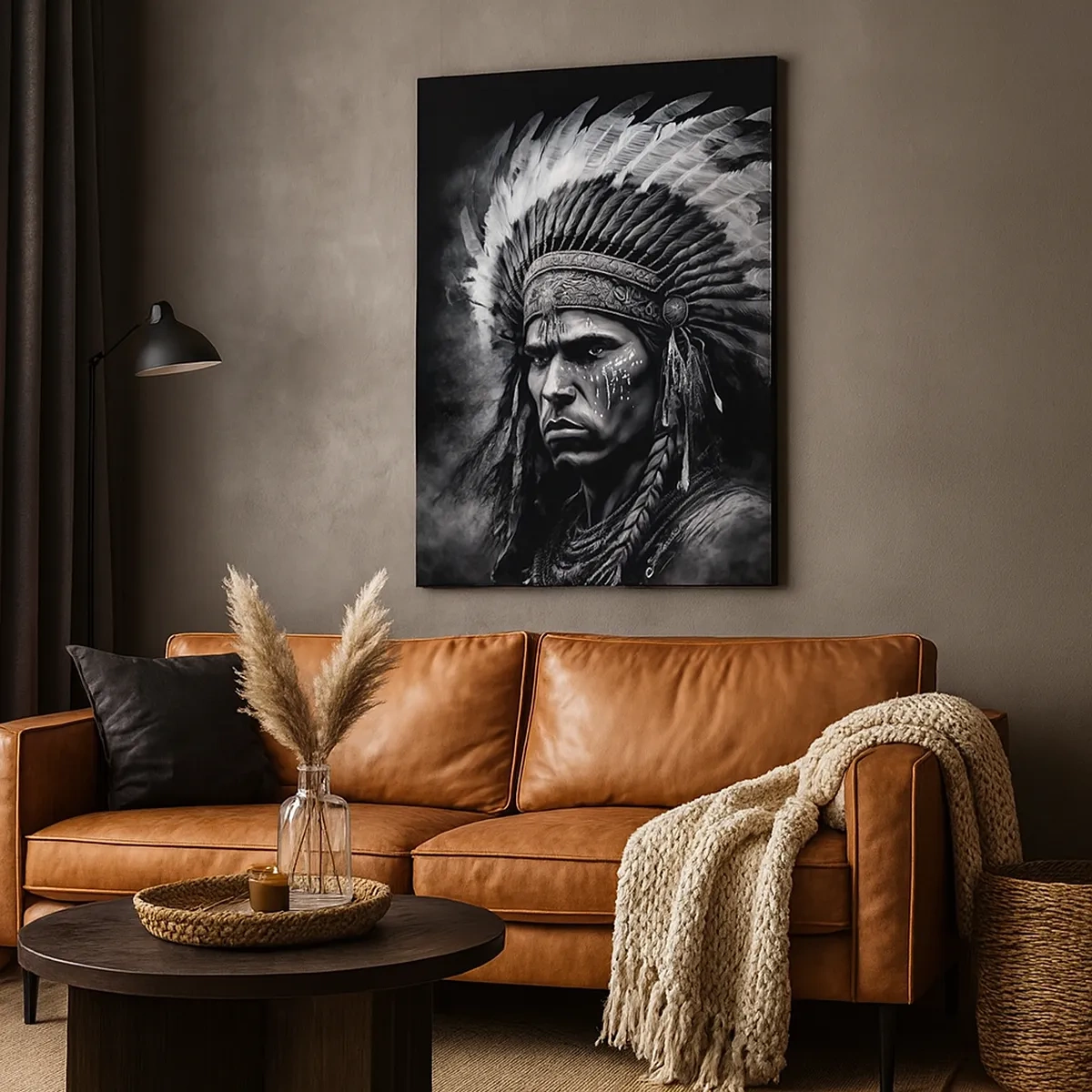 Impression sur toile - Image sur toile - Portrait d'un chef portant une coiffe à plumes sur fond noir - 50x70cm - Un leader et un guerrier - Décoration murale moderne pour le salon et la chambre ARTTOR