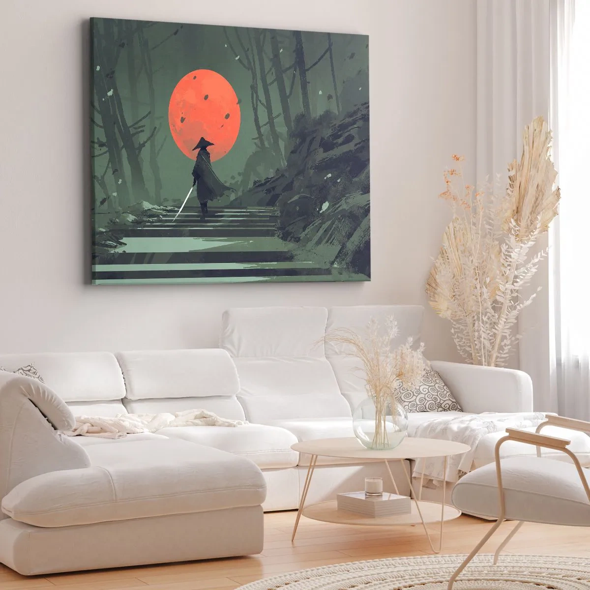 Impression sur toile - Image sur toile - Un guerrier solitaire avec une épée sur fond de lune rouge dans une forêt sombre. - 70x50cm - Guerrier de la lune rouge - Décoration murale moderne pour le salon et la chambre ARTTOR