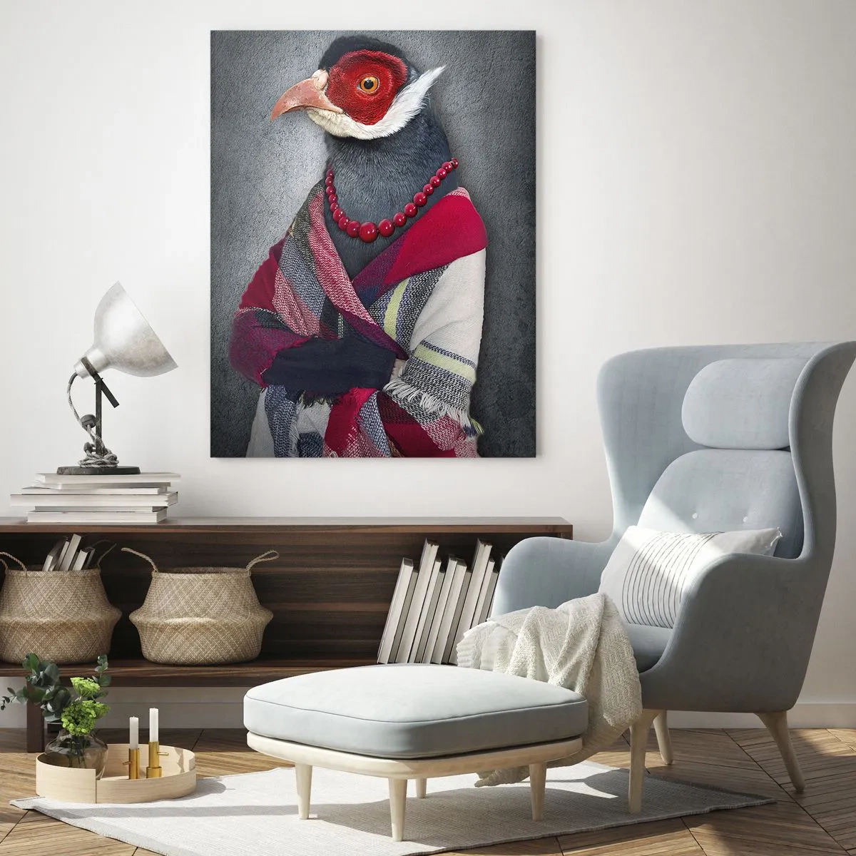 Impression sur verre - Image sur verre - Portraits stylisés d'un loup, d'un faisan et d'un lion en vêtements élégants - 70x100cm - Qu'est ce que je fais ici?! - Décoration murale moderne pour le salon et la chambre ARTTOR
