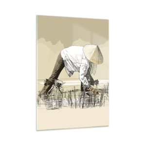Impression sur verre - Image sur verre - Une illustration minimaliste d'agriculteurs travaillant - 50x70cm - Récolte réussie - Décoration murale moderne pour le salon et la chambre ARTTOR