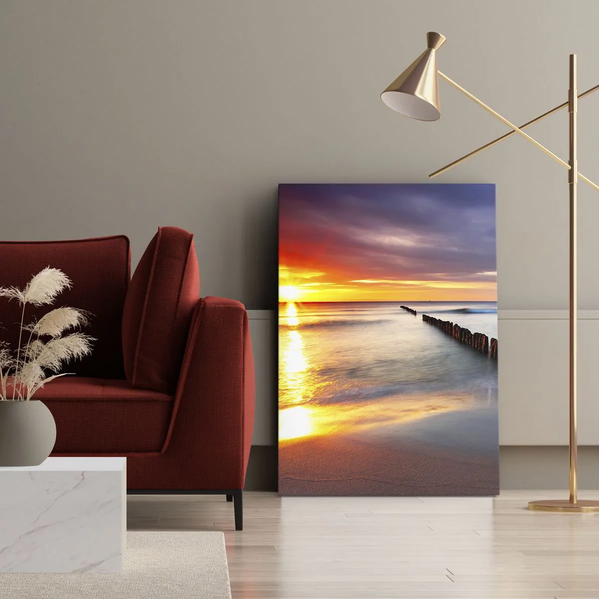 Impression sur toile - Image sur toile - Coucher de soleil sur la mer avec un brise-lames au premier plan - 80x120cm - Ecoute le silence - Décoration murale moderne pour le salon et la chambre ARTTOR
