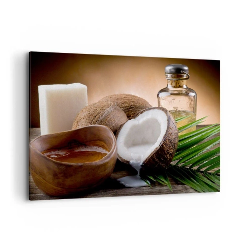 Impression sur toile - Image sur toile - Noix de coco, bougie et huile sur fond de bois - 100x70cm - Santé des îles tropicales - Décoration murale moderne pour le salon et la chambre ARTTOR