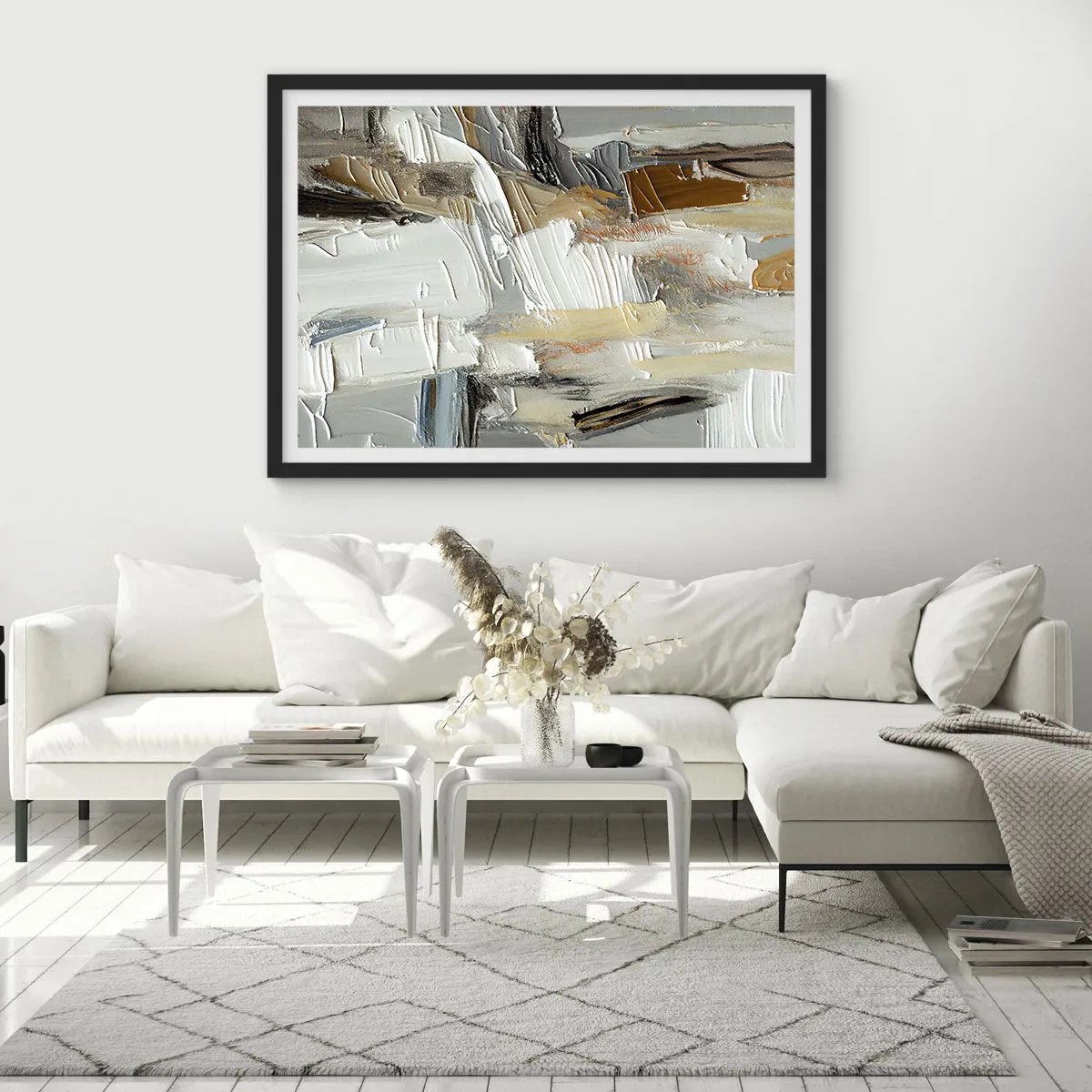 Affiche dans un cadre noir - Poster - Abstraction texturale dans des tons terre et blanc - 70x50cm - Couches colorées - Décoration murale moderne pour le salon et la chambre ARTTOR