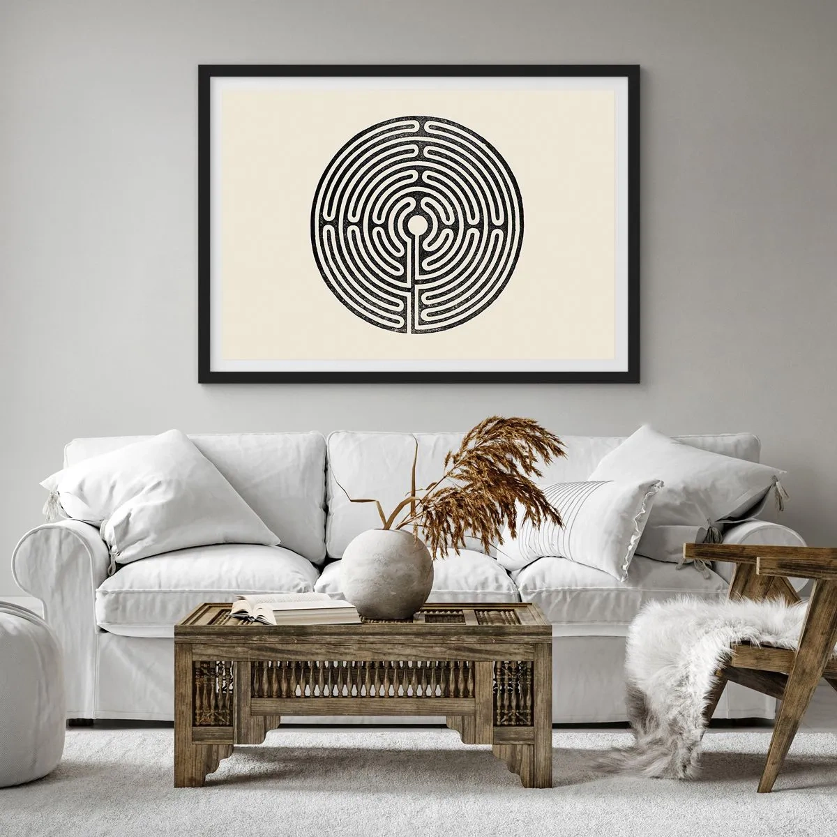 Affiche dans un cadre noir - Poster - Labyrinthe circulaire noir et blanc sur fond clair - 70x50cm - Ordre mystérieux - Décoration murale moderne pour le salon et la chambre ARTTOR