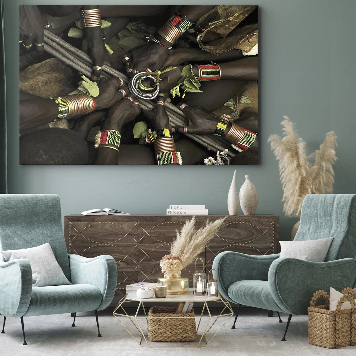 Impression sur toile - Image sur toile - Bracelets de main traditionnels dans un groupe de mains - 70x50cm - Nous sommes ensemble - Décoration murale moderne pour le salon et la chambre ARTTOR