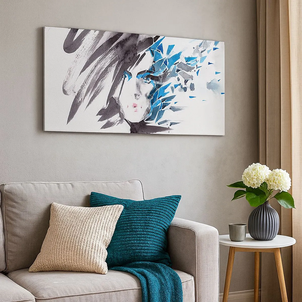 Impression sur toile - Image sur toile - Portrait sensuel en gris et bleu - 100x40 cm