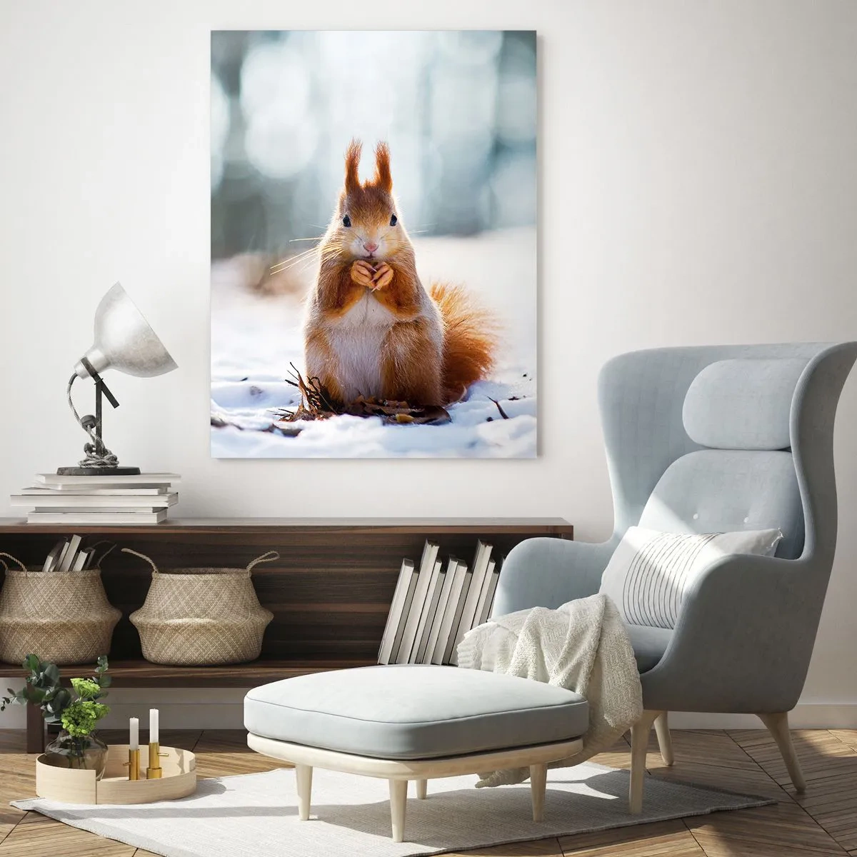 Impression sur verre - Image sur verre - Écureuil dans la neige avec une noix dans la forêt d'hiver - 50x70cm - Qu'est ce que tu regardes comme ça? - Décoration murale moderne pour le salon et la chambre ARTTOR