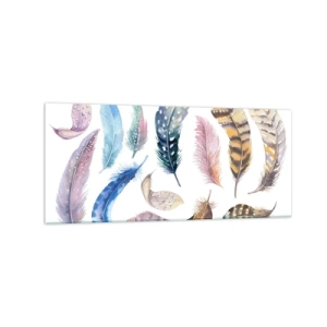 Impression sur verre - Image sur verre - Plumes colorées dans un style aquarelle délicat - 120x50cm - Léger, bariolé et multicolore - Décoration murale moderne pour le salon et la chambre ARTTOR