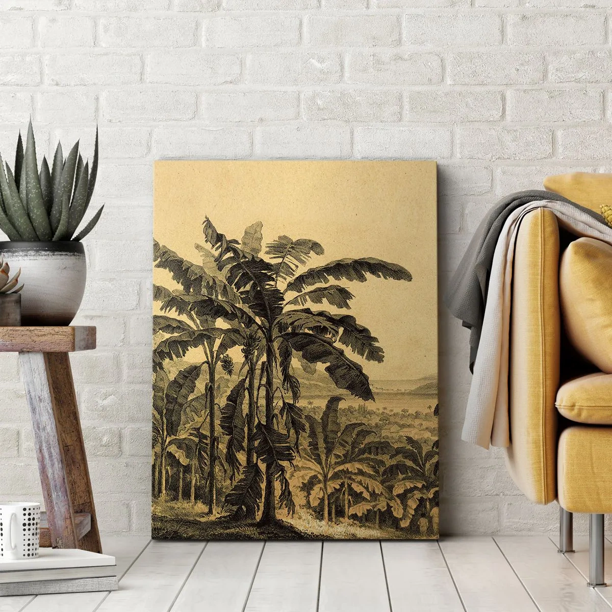 Impression sur toile - Image sur toile - Dessin de bananiers sur fond de paysage tropical - 80x120cm - Dans un climat colonial - Décoration murale moderne pour le salon et la chambre ARTTOR