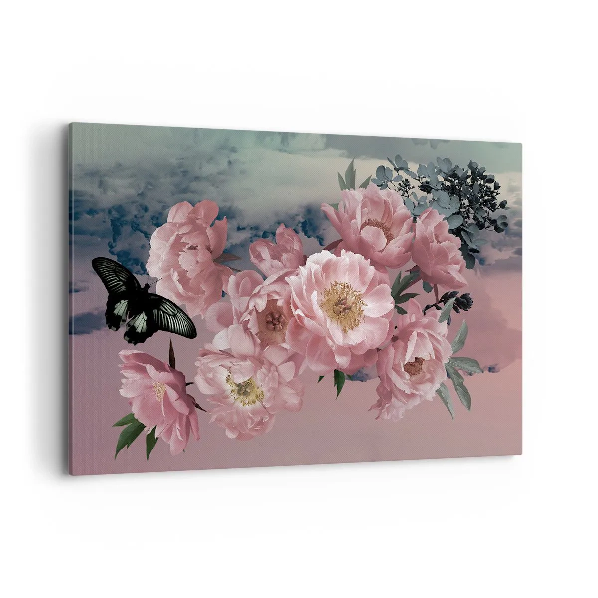 Impression sur toile - Image sur toile - Pivoines roses avec un papillon sur fond pastel - 120x80cm - Pic du romantisme - Décoration murale moderne pour le salon et la chambre ARTTOR
