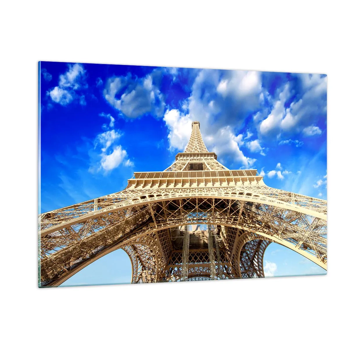 Impression sur verre - Image sur verre - La Tour Eiffel vue d'en haut contre le ciel - 120x80cm - Atteindre le ciel et les nuages - Décoration murale moderne pour le salon et la chambre ARTTOR