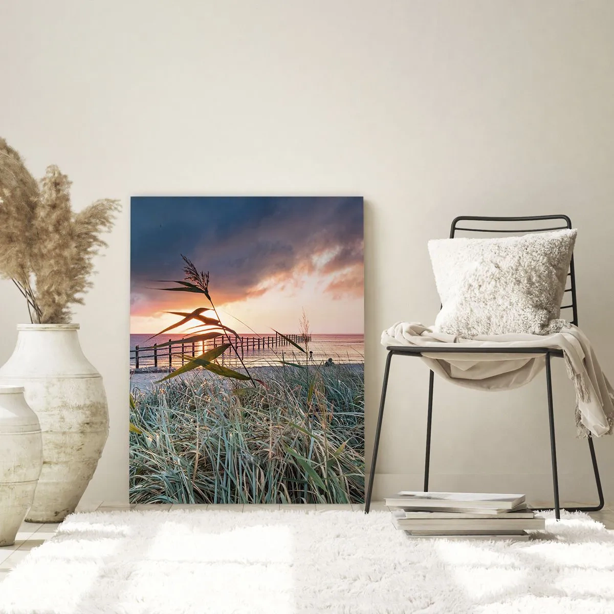 Impression sur verre - Image sur verre - Plage au coucher du soleil avec des herbes au premier plan - 80x120cm - Ça ne passe pas avec le vent - Décoration murale moderne pour le salon et la chambre ARTTOR