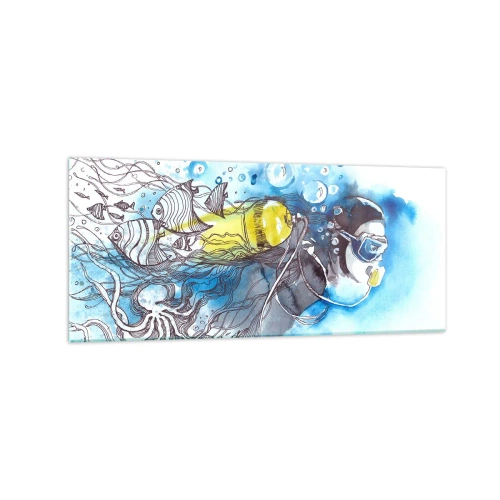 Impression sur verre - Image sur verre - Scène sous-marine avec un plongeur et des poissons exotiques - 120x50cm - Le grand bleu - Décoration murale moderne pour le salon et la chambre ARTTOR