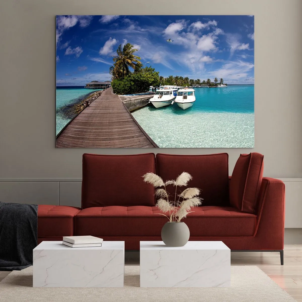 Impression sur verre - Image sur verre - Jetée exotique, bateaux et eau turquoise - 70x50cm - Et cependant, le paradis existe bien - Décoration murale moderne pour le salon et la chambre ARTTOR