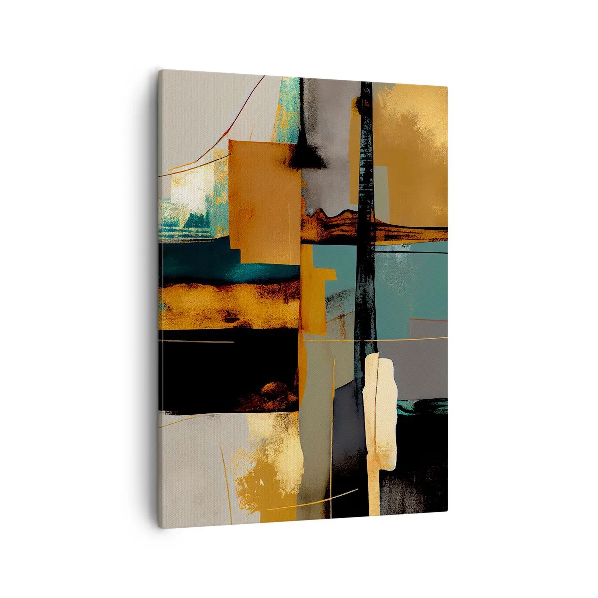 Impression sur toile - Image sur toile - Composition abstraite avec des éléments dorés et turquoise - 50x70cm - Abstraction – lumière et ombre - Décoration murale moderne pour le salon et la chambre ARTTOR