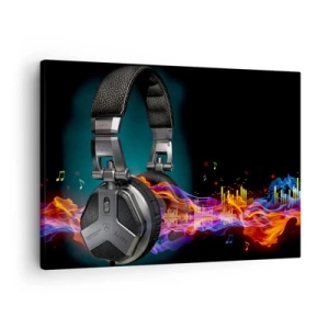 Impression sur toile - Image sur toile - Casque noir avec effet de visualisation musicale colorée - 70x50cm - Dans le feu de la musique - Décoration murale moderne pour le salon et la chambre ARTTOR