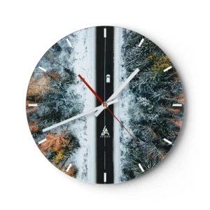Horloge murale - Pendule murale - Une route forestière en hiver vue à vol d'oiseau avec une voiture qui passe - 30x30cm - Couper à travers la forêt d'hiver - Décoration murale moderne pour le salon, la cuisine et la chambre ARTTOR