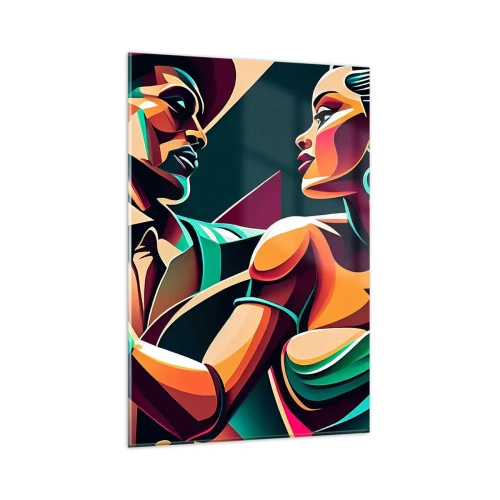 Impression sur verre - Image sur verre - Un couple stylisé dansant dans des couleurs vibrantes et géométriques. - 80x120cm - Au rythme du coeur - Décoration murale moderne pour le salon et la chambre ARTTOR