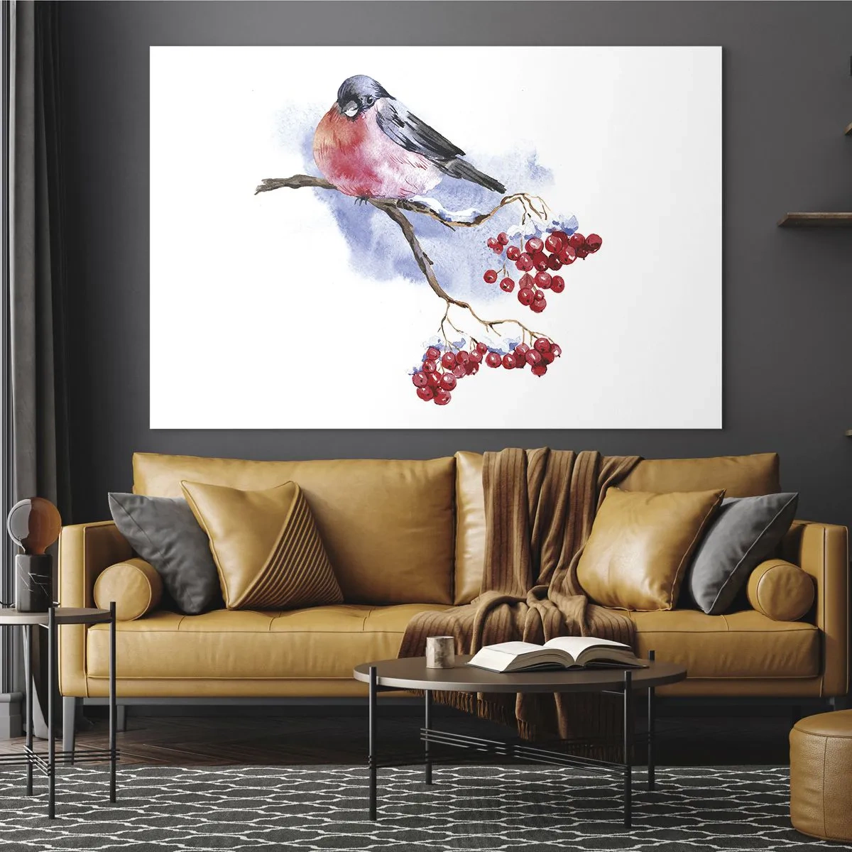 Impression sur verre - Image sur verre - Un oiseau sur une branche de sorbier - 120x80cm - L'hiver en couleurs - Décoration murale moderne pour le salon et la chambre ARTTOR