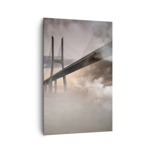 Impression sur toile - Image sur toile - Un pont sur une rivière entouré de brouillard le matin - 80x120cm - Sur la rivière qui n'existe pas - Décoration murale moderne pour le salon et la chambre ARTTOR